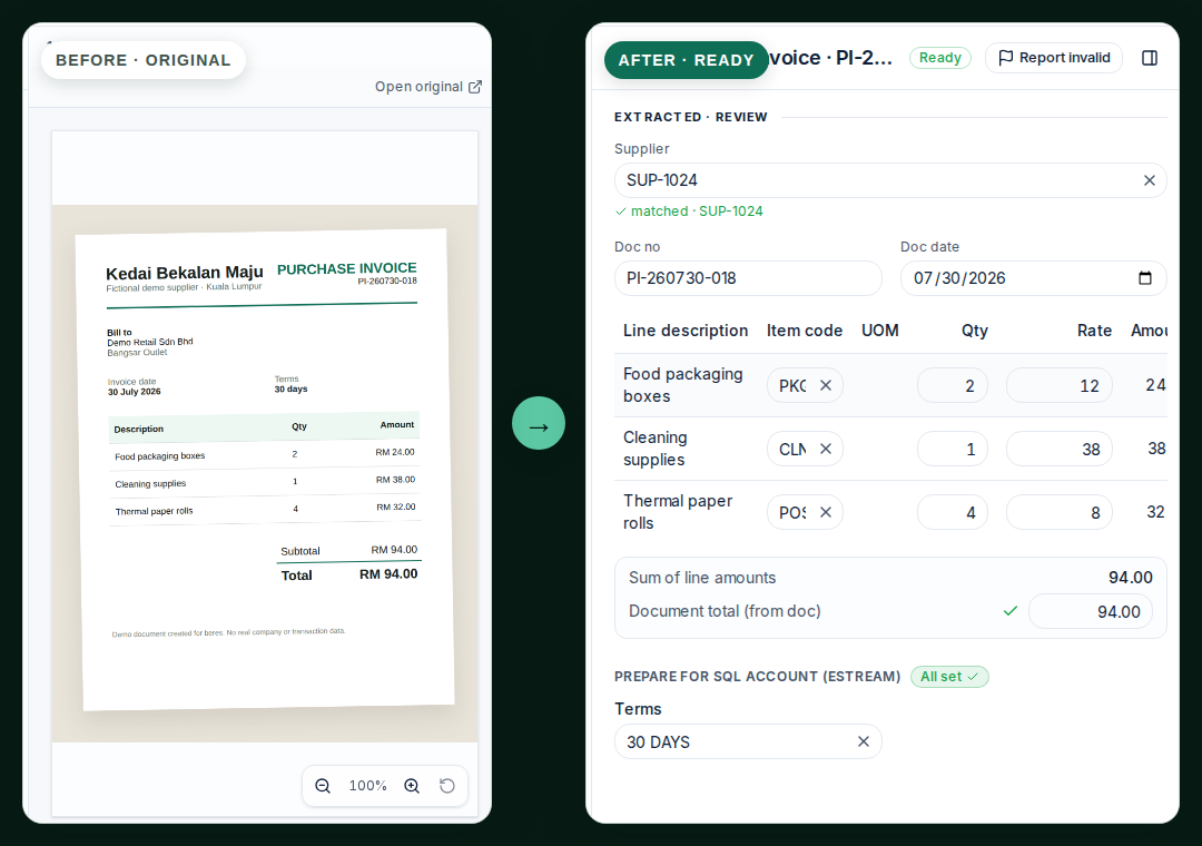 A fictional supplier invoice beside the matching beres review, with supplier and item codes ready for SQL Account