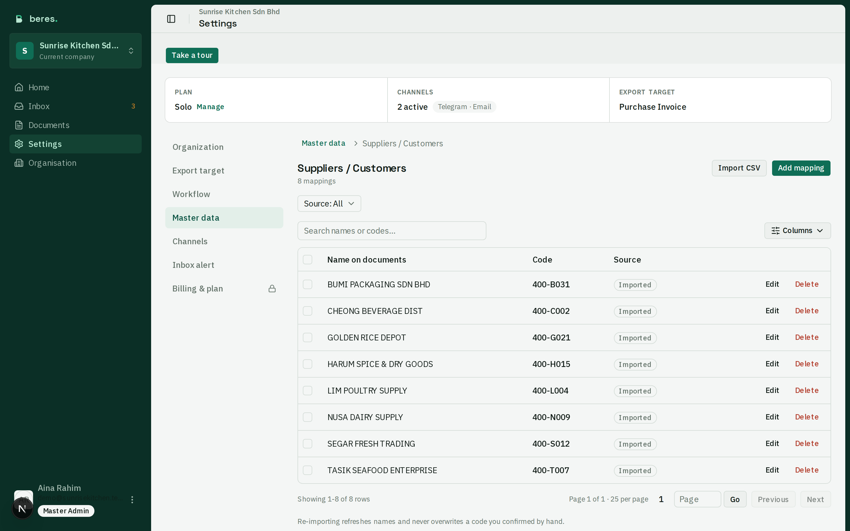 An opened supplier list showing names on documents mapped to supplier codes such as 400-S012, with a source filter and per-row actions.
