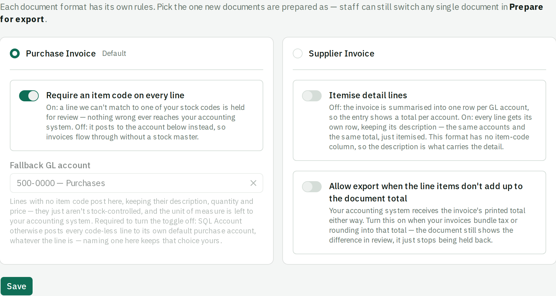 The Workflow panel showing one card per document format, with a radio marking which format new documents are prepared as.
