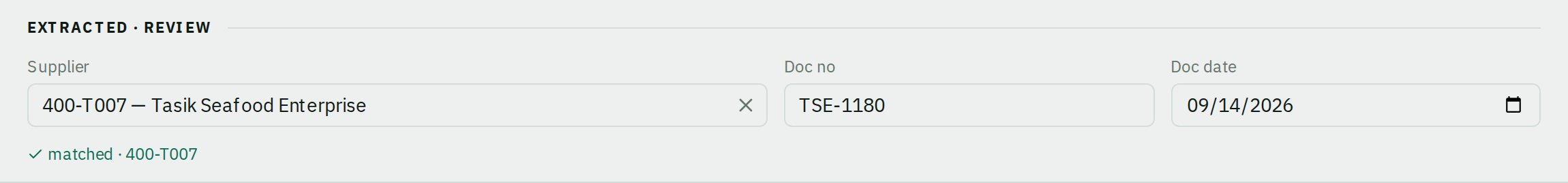 The pinned review header showing the Supplier picker with a matched code, the Doc no field and the Doc date field.