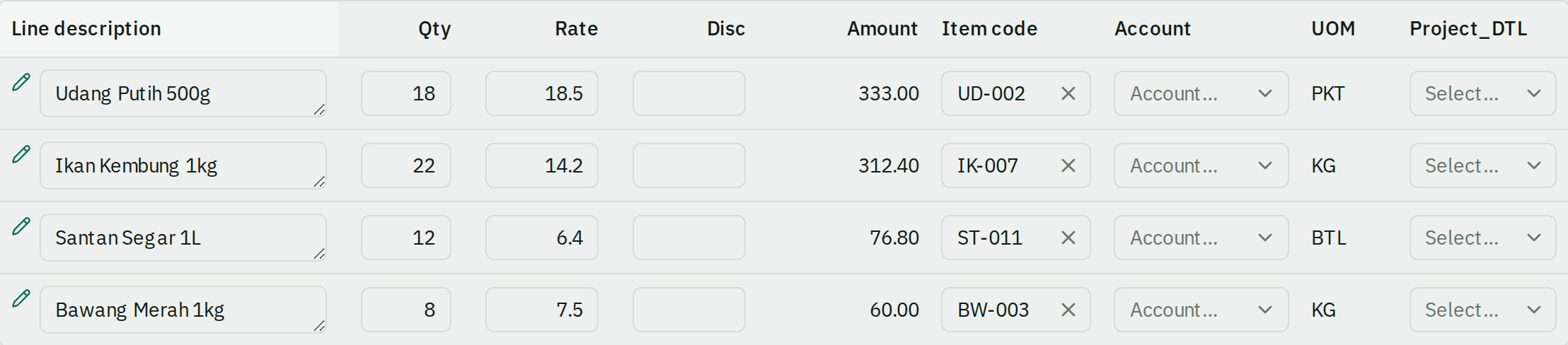 The line items grid with columns for line description, quantity, rate, discount, amount, item code, account, unit of measure and a Project column.